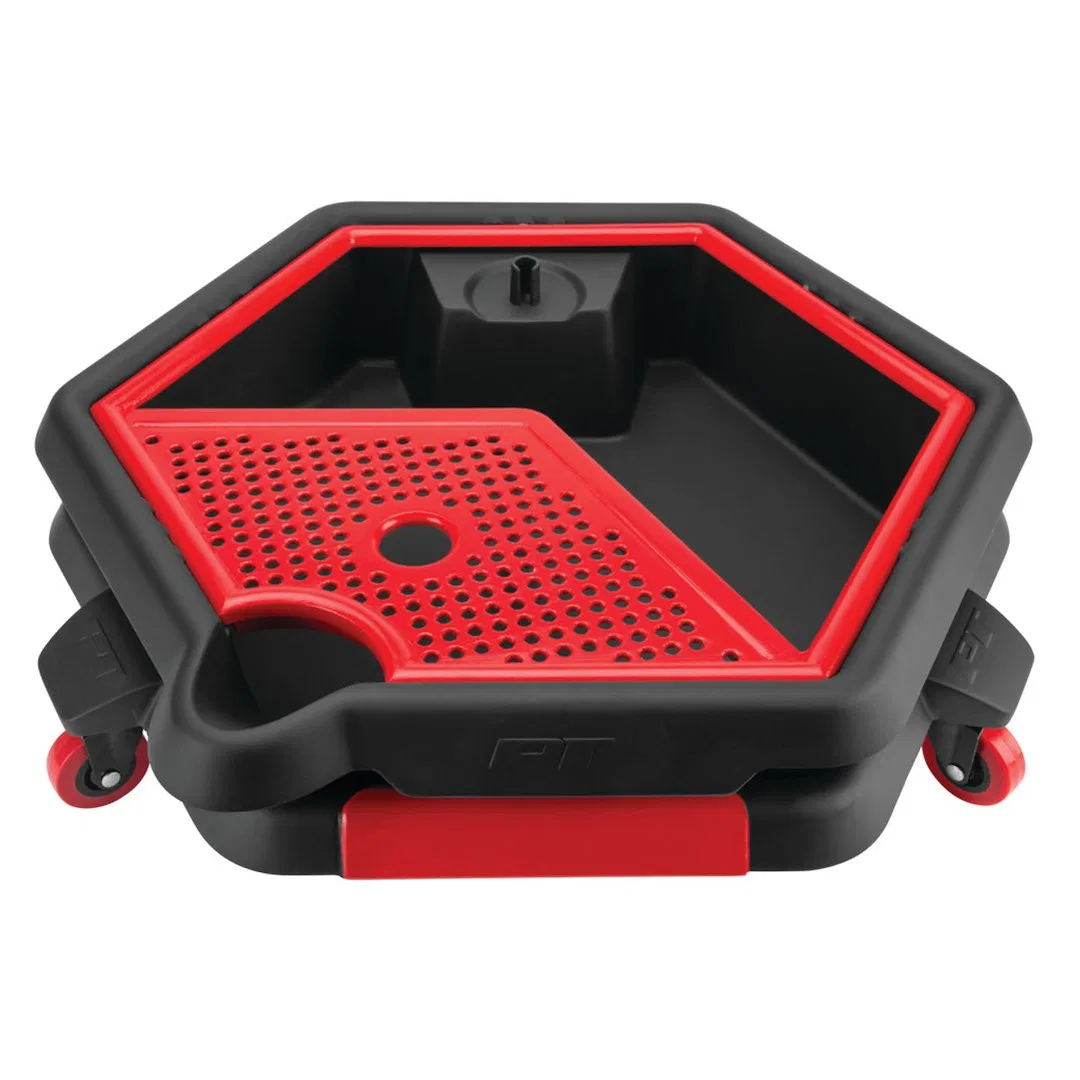 W4074 – PERFORM TOOL Drain Pan, 2 In 1 8 Liter Capacity 18-1/2 Inch Wide Hexagon 5-3/8 Inch Height Black/ Red Polypro...